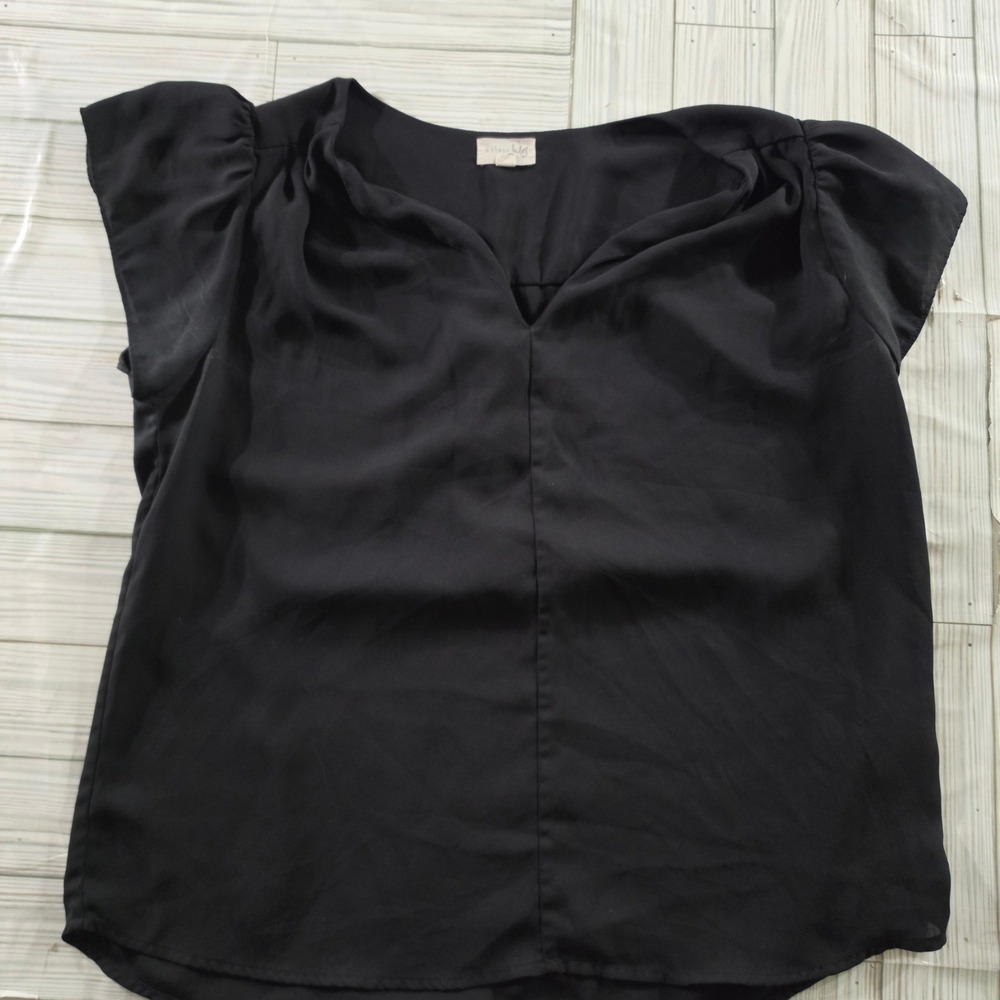 Maison Jules Womens Black V-Neck Flutter Cap Sleeve Pleated Back Blouse Size M